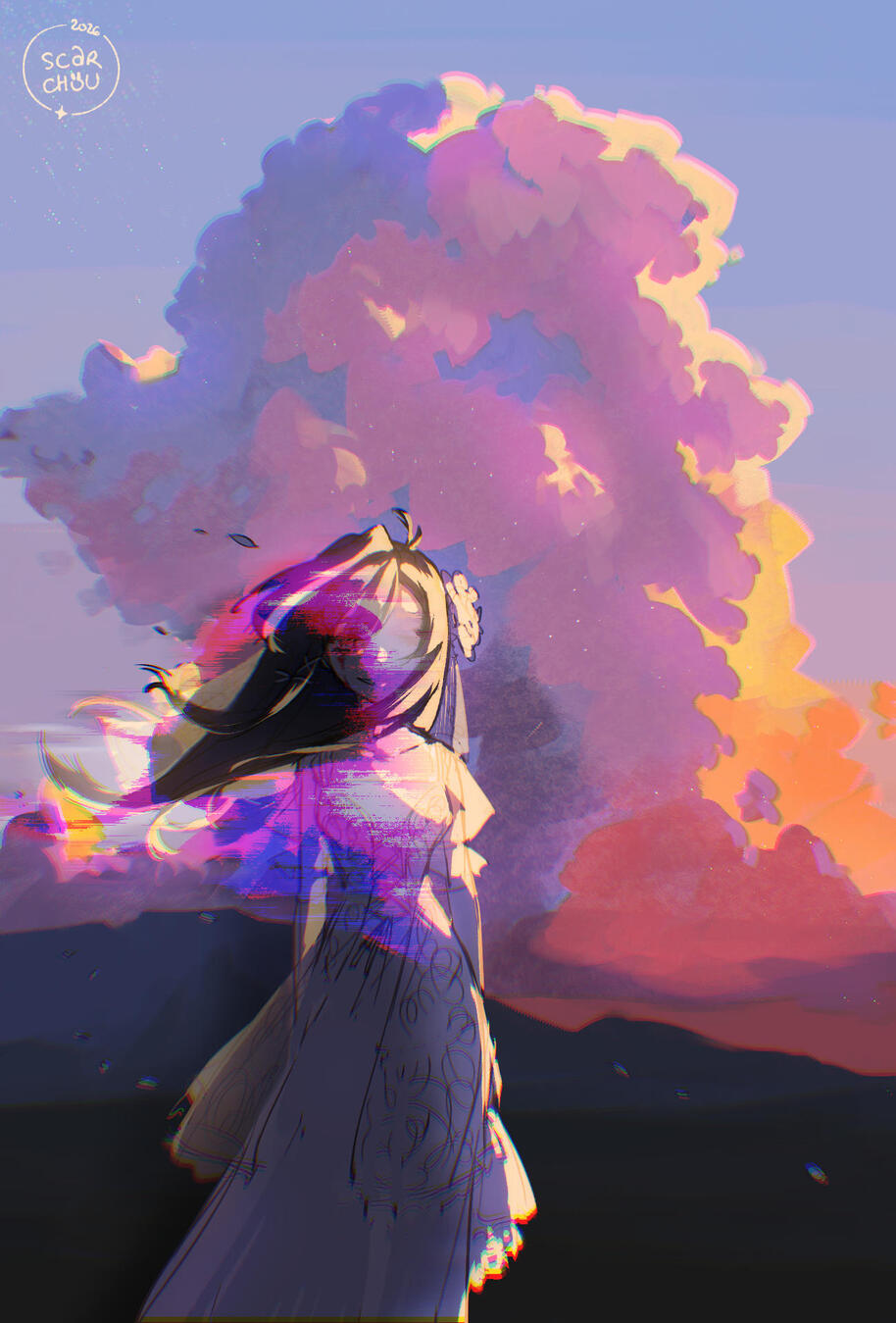 The solitary bride in front of the cumulonimbus